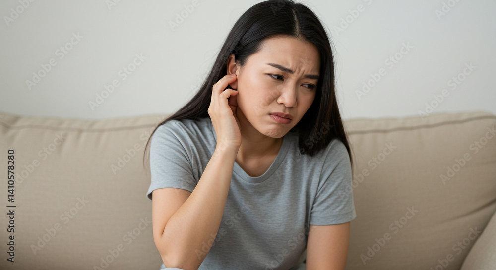 Woman experiencing earache holding her ear in pain sitting on beige couch neutral background Woman experiencing earache holding her ear in pain sitting on beige couch neutral background