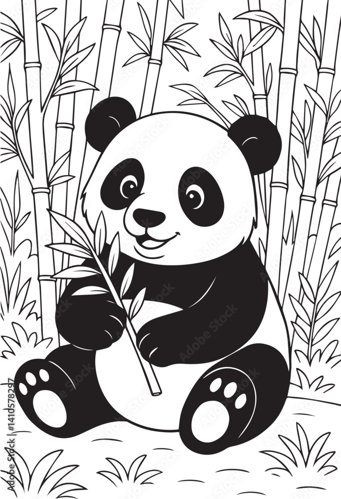 happy panda sitting with bamboo in forest scene cute animal illustration for kids coloring page