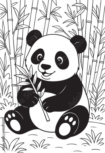 Obraz na płótnie happy panda sitting with bamboo in forest scene cute animal illustration for kids coloring page w salonie