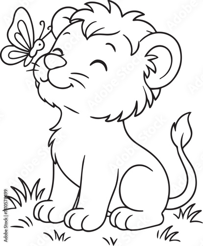 baby lion cub smiling with a butterfly on its nose sitting on grass field coloring page