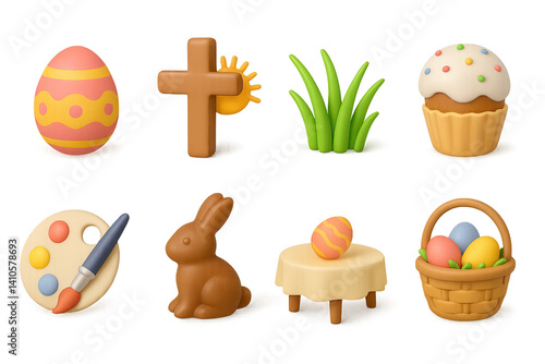 3D icon set of easter flowers: rose, tulip, cherry blossom, geranium, buttercup, petunia, crocus, sunflower. 3d icon. icons set of 3d style in a modern design. Isolated