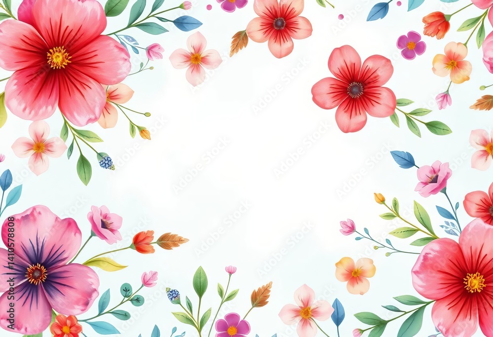 Fototapeta premium Whimsical watercolor floral pattern; vibrant blossoms, leaves, cheerful colors, seamless, playful design, empty space, art, nature