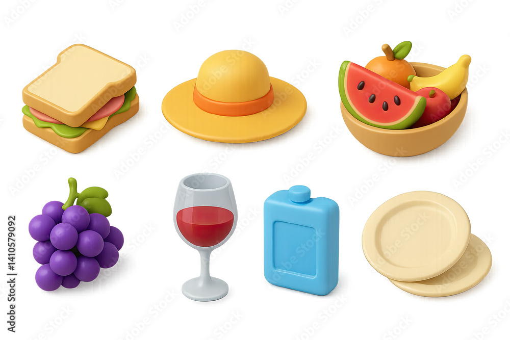 3D icon set of easter picnic: easter chick, wreath, easter card, cookie, gift box, church, easter basket, candle. 3d icon. icons set of 3d style in a modern design. Isolated