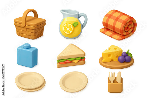 3D icon set of picnic essentials: snack box, cheese plate, wine glass, paper plates, book, cutlery set, thermos, picnic basket. 3d icon. icons set of 3d style in a modern design. Isolated