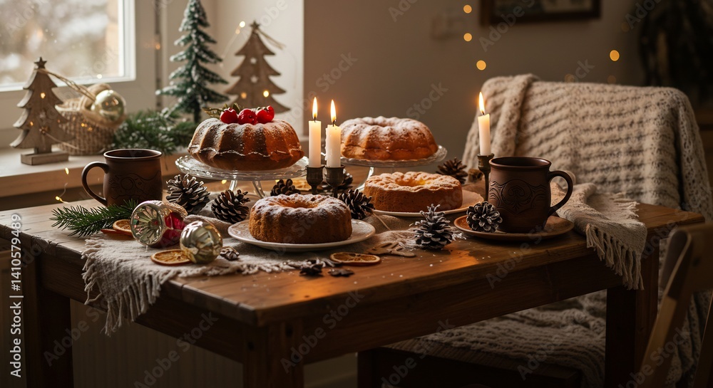 Fototapeta premium 温かい光とクリスマスケーキ 穏やかな食卓風景