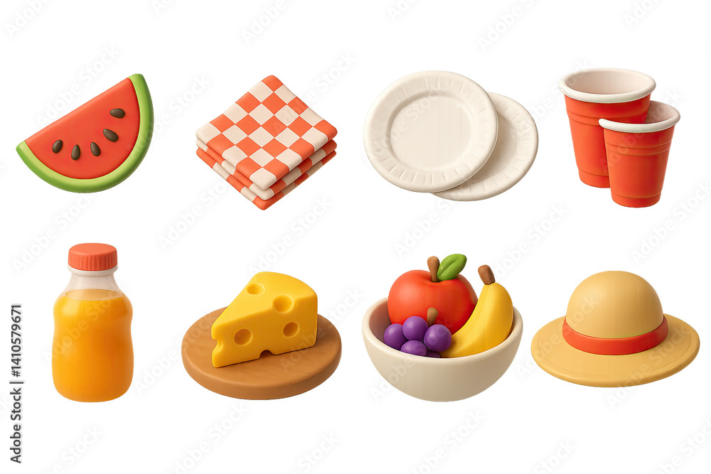 3D icon set of easter picnic: easter chick, wreath, easter card, cookie, gift box, church, easter basket, candle. 3d icon. icons set of 3d style in a modern design. Isolated