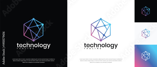 Technology connection hexagon logo design. Technology connection logo template. Technology logo symbol icon