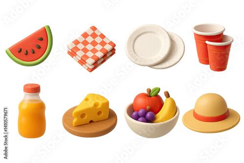 Obraz na płótnie 3D icon set of easter picnic: easter chick, wreath, easter card, cookie, gift box, church, easter basket, candle. 3d icon. icons set of 3d style in a modern design. Isolated w salonie