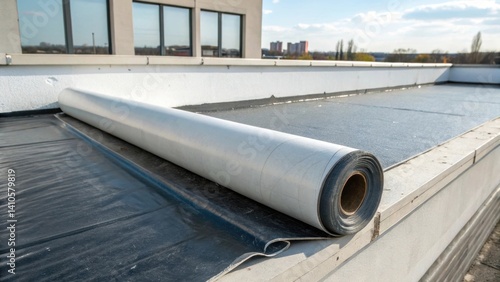 A closeup of a fireproof roofing membrane rolled out across a parapet showing its thickness and protective qualities against harsh weather and fire hazards.