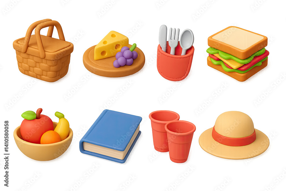 3D icon set of easter picnic: easter chick, wreath, easter card, cookie, gift box, church, easter basket, candle. 3d icon. icons set of 3d style in a modern design. Isolated