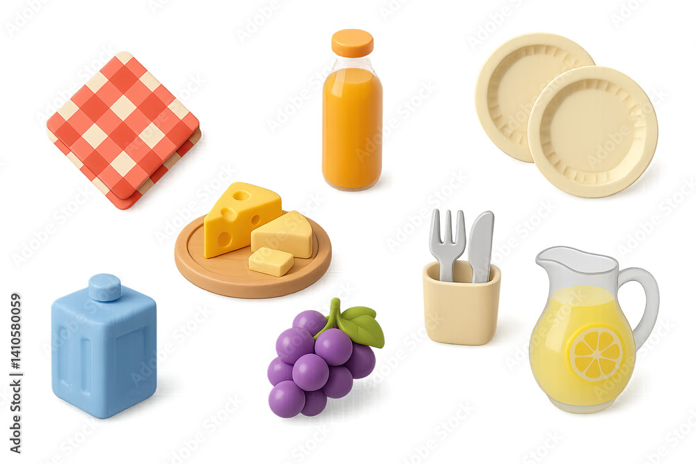 3D icon set of sunny picnic: napkins, cheese plate, juice bottle, paper plates, ice pack, grapes, cutlery set, lemonade. 3d icon. icons set of 3d style in a modern design. Isolated
