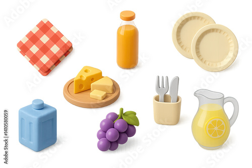Obraz na płótnie 3D icon set of sunny picnic: napkins, cheese plate, juice bottle, paper plates, ice pack, grapes, cutlery set, lemonade. 3d icon. icons set of 3d style in a modern design. Isolated w salonie