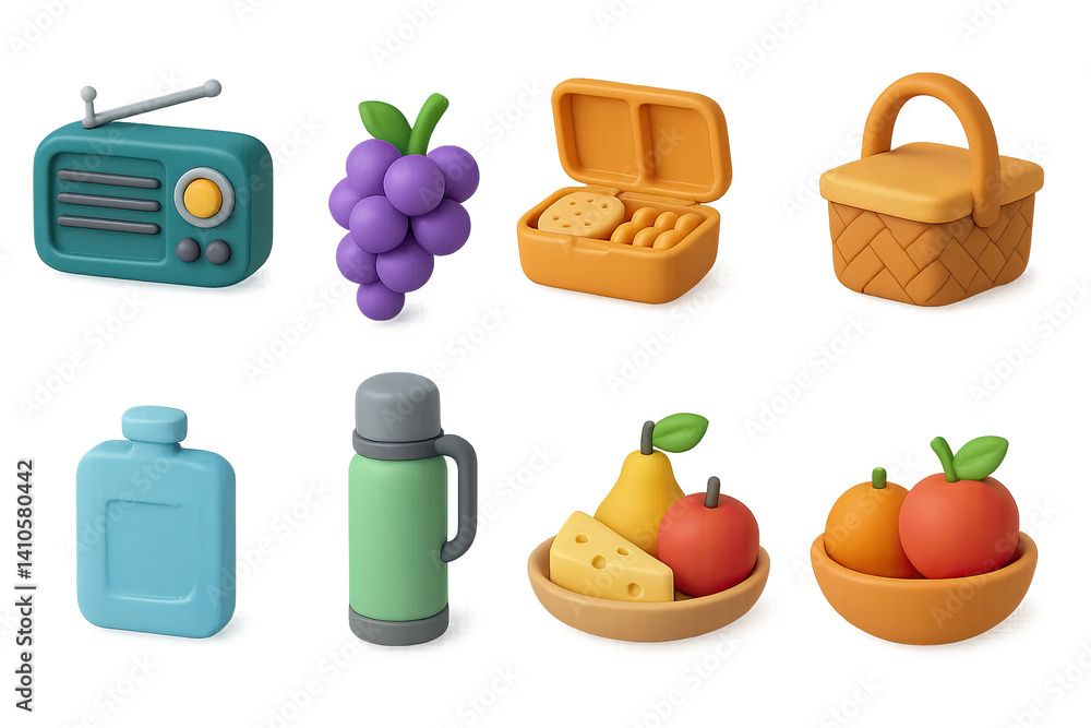 3D icon set of easter picnic: easter chick, wreath, easter card, cookie, gift box, church, easter basket, candle. 3d icon. icons set of 3d style in a modern design. Isolated