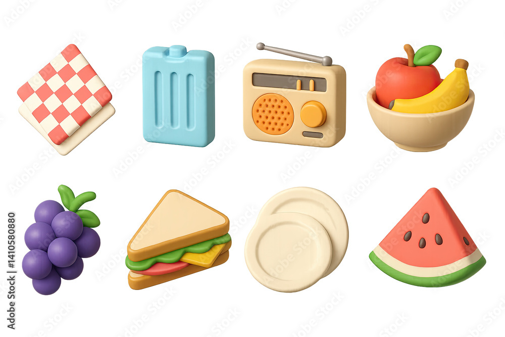 3D icon set of breakfast picnic: napkins, ice pack, radio, fruit bowl, grapes, sandwich, paper plates, watermelon. 3d icon. icons set of 3d style in a modern design. Isolated