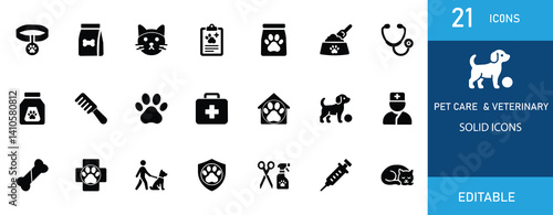 A clean and minimal solid icon set for pet care and veterinary services. Includes medical, grooming, food, and pet-related symbols. Perfect for professional and personal design use