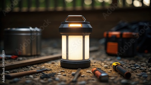 A closeup of a solarpowered lantern illuminating an area surrounded by tools and gravel casting soft shadows that suggest a remote work environment.