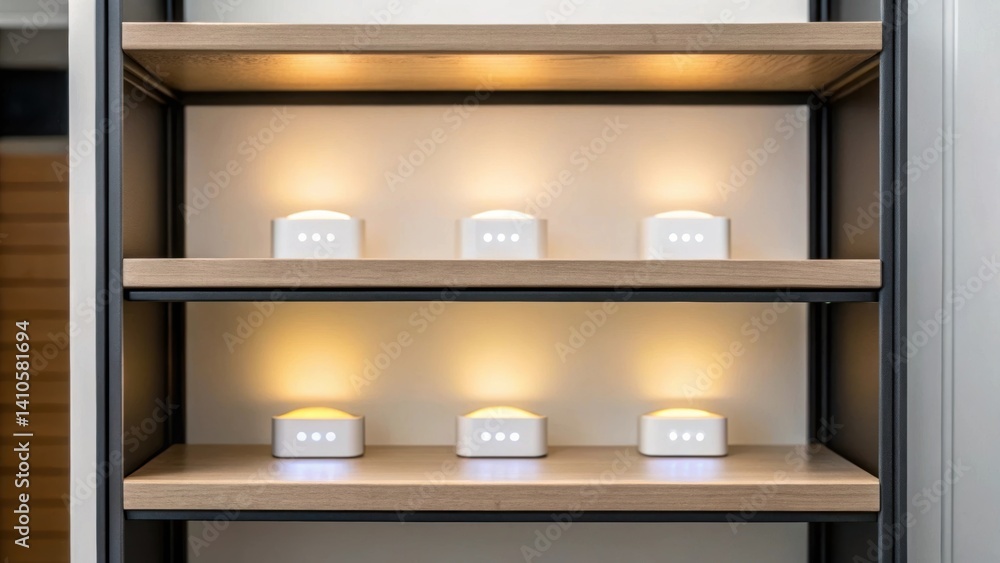 A closeup of smart lighting integrated into a modular shelf demonstrating how technology enhances functionality and ambiance in small adaptive homes. A closeup of smart lighting integrated into a modular shelf demonstrating how technology enhances functionality and ambiance in small adaptive homes.