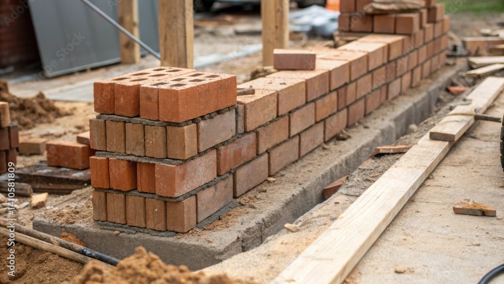 A closeup of the bricks stacking in perfect alignment showcasing the machines proficiency in maintaining uniformity framed with construction debris in the foreground. A closeup of the bricks stacking in perfect alignment showcasing the machines proficiency in maintaining uniformity framed with construction debris in the foreground.