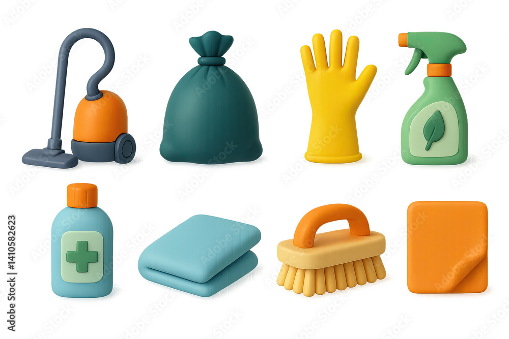 3D icon set of spring cleaning: spray bottle, scrub brush, laundry basket, microfiber towel, cleaning brush, air freshener, bucket, soap. 3d icon. icons set of 3d style in a modern design. Isolated