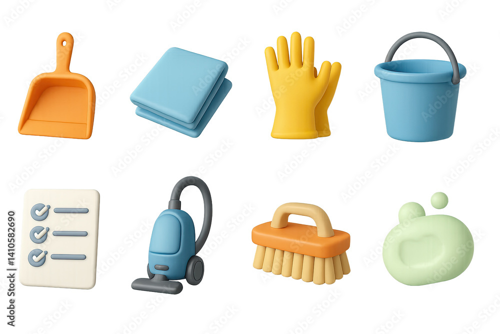 3D icon set of spring cleaning: spray bottle, scrub brush, laundry basket, microfiber towel, cleaning brush, air freshener, bucket, soap. 3d icon. icons set of 3d style in a modern design. Isolated