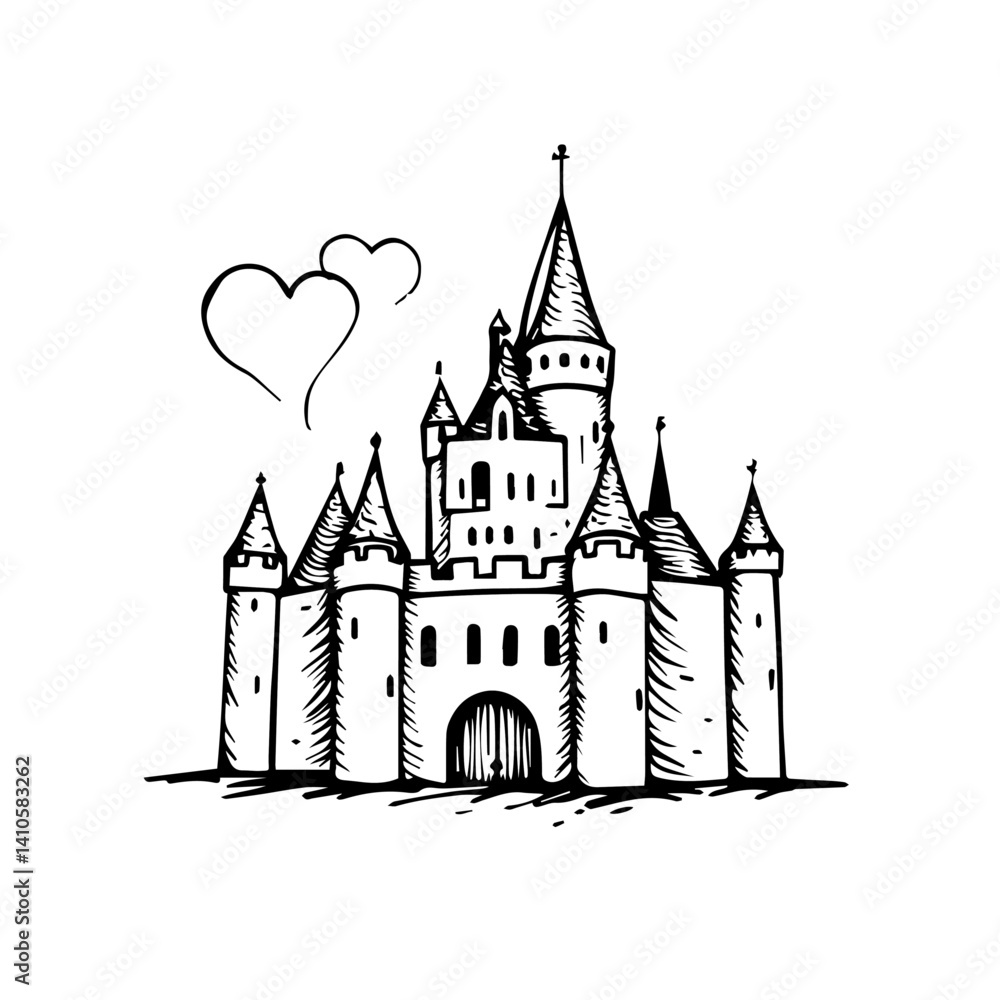 Fototapeta premium whimsical castle illustration with heart in black and white 