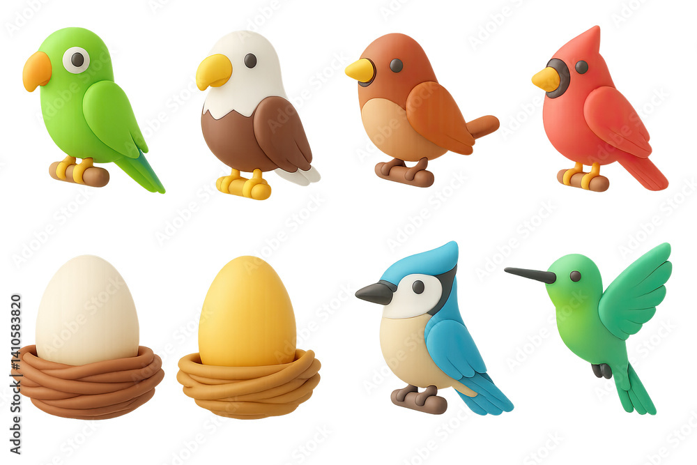 3D icon set of bird feeders: parrot, eagle, egg, robin, cardinal, nest, blue jay, hummingbird. 3d icon. icons set of 3d style in a modern design. Isolated