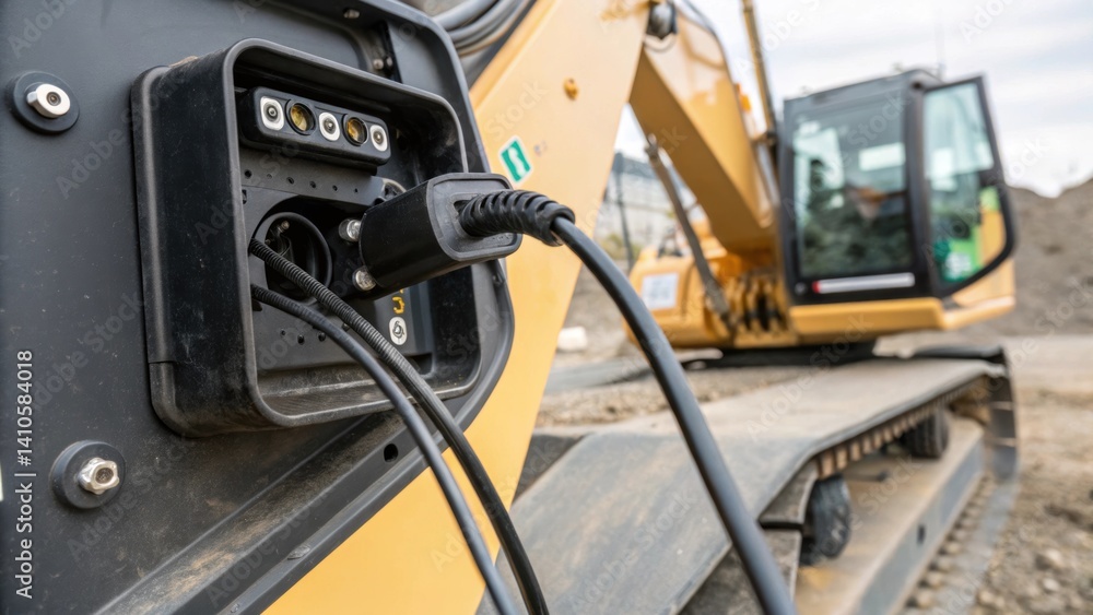 Fototapeta premium A closeup view of the hybrid excavators charging port showing the connection to an electric power source for optimal battery maintenance and energy efficiency.