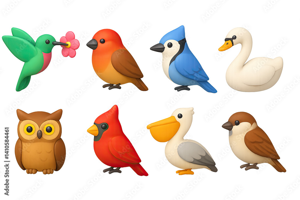 3D icon set of bird habitats: hummingbird, finch, blue jay, swan, owl, cardinal, pelican, sparrow. 3d icon. icons set of 3d style in a modern design. Isolated