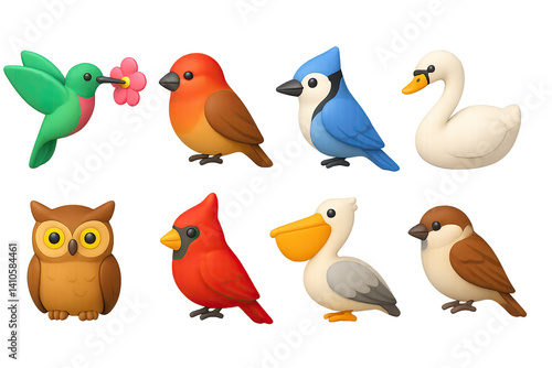 Obraz na płótnie 3D icon set of bird habitats: hummingbird, finch, blue jay, swan, owl, cardinal, pelican, sparrow. 3d icon. icons set of 3d style in a modern design. Isolated w salonie