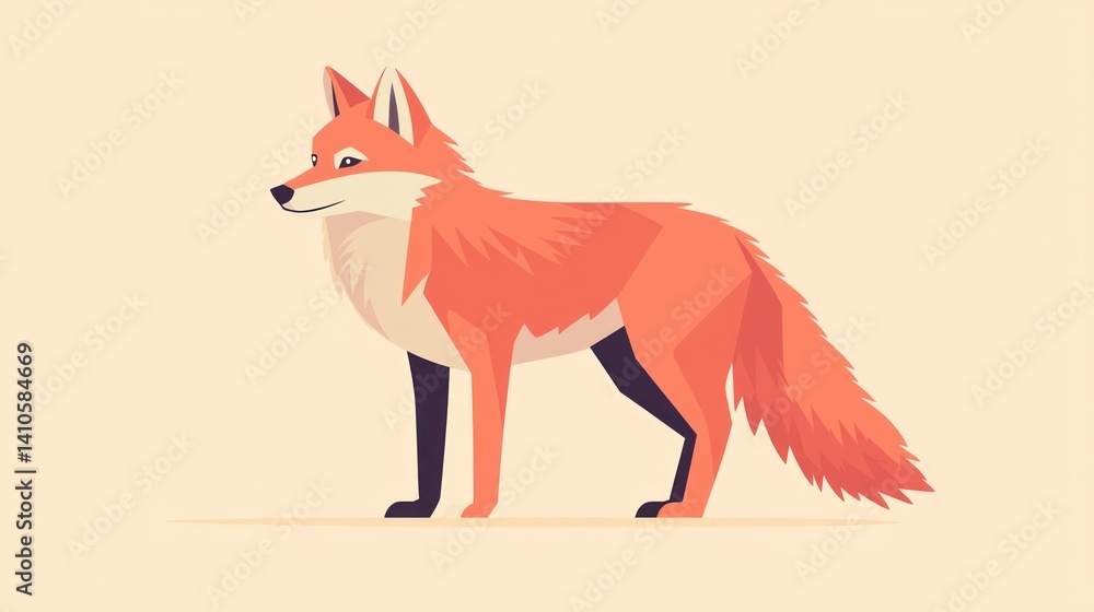 Fototapeta premium Cartoon fox profile, standing still, light beige background, children's book illustration, educational poster