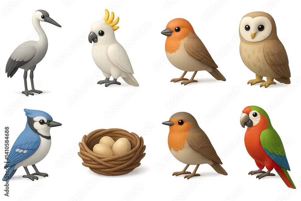 3D icon set of bird-friendly gardens: seed packet, spray bottle, fertilizer bag, garden marker, compost bin, gloves, trowel, planter box. 3d icon. icons set of 3d style in a modern design. Isolated
