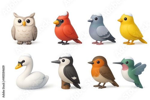 Obraz na płótnie 3D icon set of birds in winter: owl, cardinal, pigeon, canary, swan, woodpecker, robin, hummingbird. 3d icon. icons set of 3d style in a modern design. Isolated w salonie