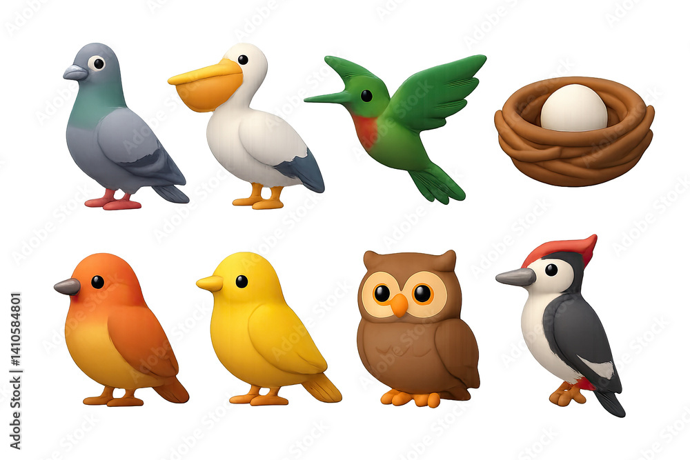 3D icon set of bird-friendly gardens: seed packet, spray bottle, fertilizer bag, garden marker, compost bin, gloves, trowel, planter box. 3d icon. icons set of 3d style in a modern design. Isolated