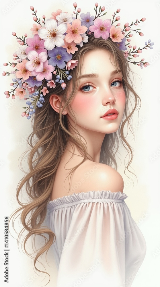 A serene maiden adorned with a delicate floral crown, her gentle beauty captured in soft, ethereal light. A serene maiden adorned with a delicate floral crown, her gentle beauty captured in soft, ethereal light.