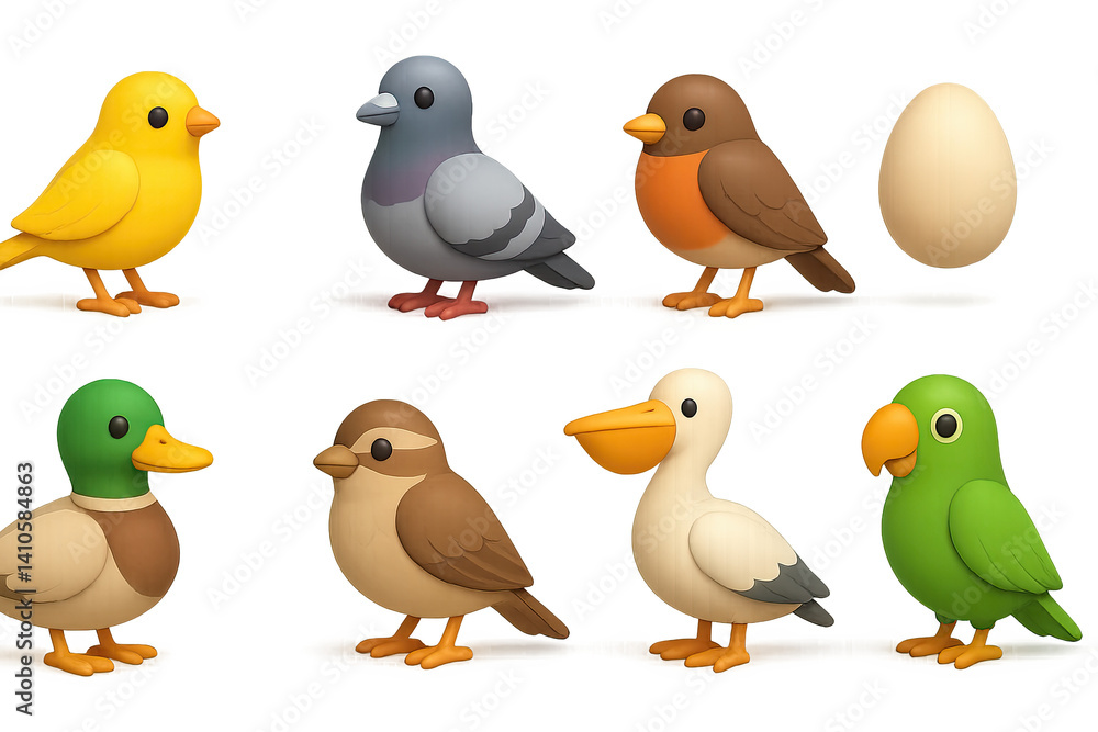 3D icon set of cartoon birds: canary, pigeon, robin, egg, duck, sparrow, pelican, parrot. 3d icon. icons set of 3d style in a modern design. Isolated