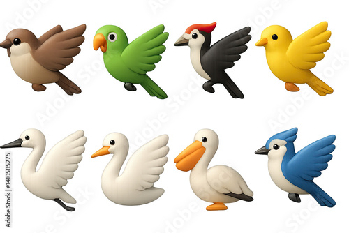 3D icon set of bird-friendly gardens: seed packet, spray bottle, fertilizer bag, garden marker, compost bin, gloves, trowel, planter box. 3d icon. icons set of 3d style in a modern design. Isolated