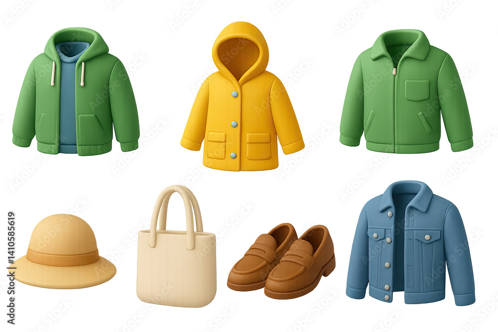 3D icon set of spring outfits: jean skirt, spring hat, crossbody bag, light jacket, tote bag, sunglasses, chinos, denim jacket. 3d icon. icons set of 3d style in a modern design. Isolated