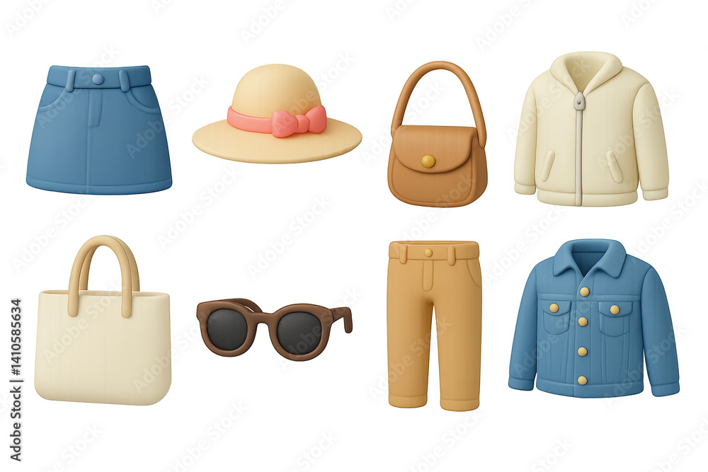 3D icon set of spring outfits: jean skirt, spring hat, crossbody bag, light jacket, tote bag, sunglasses, chinos, denim jacket. 3d icon. icons set of 3d style in a modern design. Isolated
