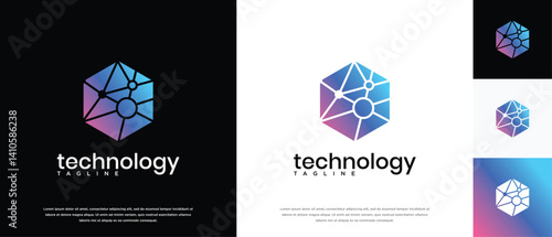 Technology connection hexagon logo design. Technology connection logo template. Technology logo symbol icon