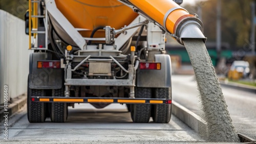 A medium closeup of a concrete pump truck in operation with concrete being pumped through a large articulated boom clearly showing the mechanics involved in the pouring process.