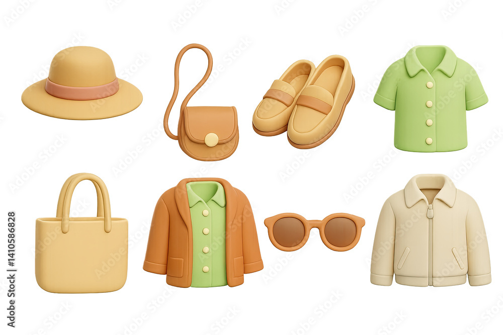 3D icon set of boho spring style: spring hat, crossbody bag, pastel shirt, loafers, tote bag, layered outfit, light jacket, sunglasses. 3d icon. icons set of 3d style in a modern design. Isolated