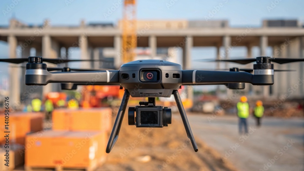 A medium closeup of a drone surveying the construction area highlighting its role in providing aerial data for robotic systems during the assembly process. A medium closeup of a drone surveying the construction area highlighting its role in providing aerial data for robotic systems during the assembly process.