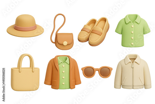 3D icon set of boho spring style: spring hat, crossbody bag, pastel shirt, loafers, tote bag, layered outfit, light jacket, sunglasses. 3d icon. icons set of 3d style in a modern design. Isolated