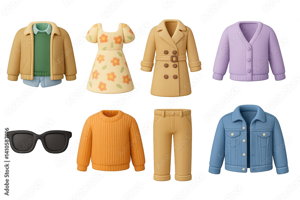 3D icon set of spring fashion trends: layered outfit, floral dress, pastel shirt, sneakers, jean skirt, trench coat, tote bag, cotton blouse. 3d icon. icons set of 3d style in a modern design.
