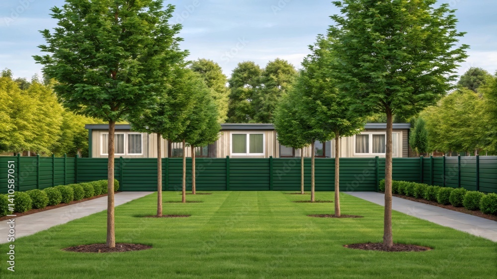 Obraz premium A medium closeup of a garden area with windbreak trees strategically planted around the modular home illustrating thoughtful landscaping designed to reduce wind impact and enhance