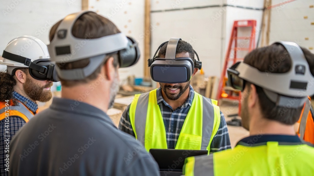 A medium closeup of a group of construction workers gathered around a virtual reality setup collaborating on safety training that utilizes AIgenerated scenarios from the A medium closeup of a group of construction workers gathered around a virtual reality setup collaborating on safety training that utilizes AIgenerated scenarios from the