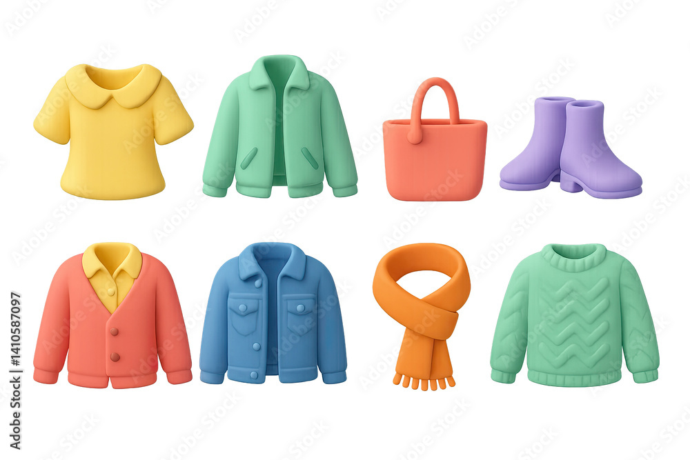 3D icon set of spring outfits: jean skirt, spring hat, crossbody bag, light jacket, tote bag, sunglasses, chinos, denim jacket. 3d icon. icons set of 3d style in a modern design. Isolated