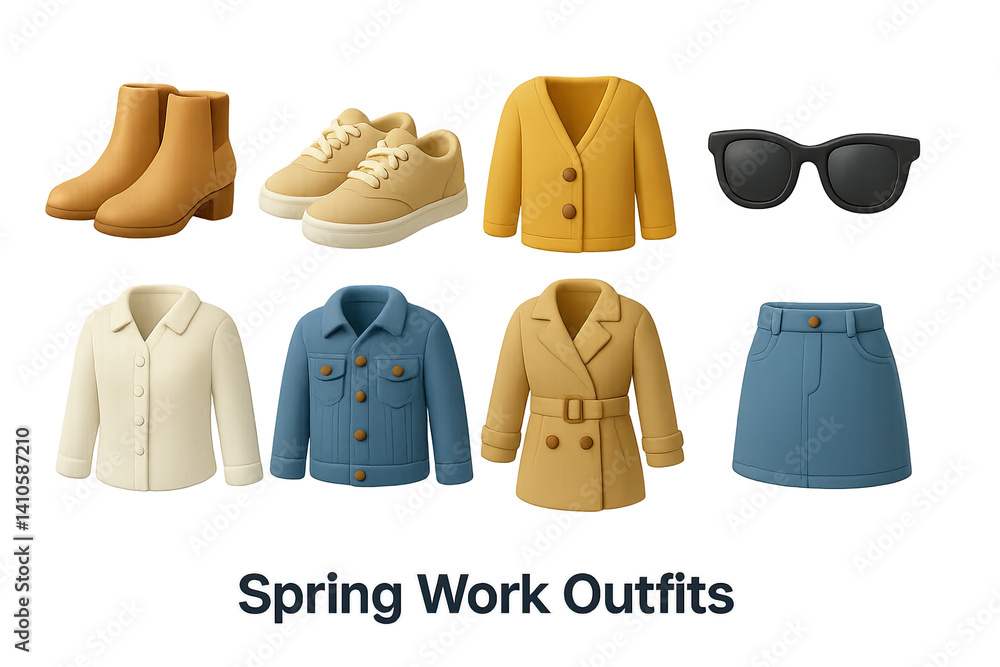 3D icon set of spring fashion trends: layered outfit, floral dress, pastel shirt, sneakers, jean skirt, trench coat, tote bag, cotton blouse. 3d icon. icons set of 3d style in a modern design.