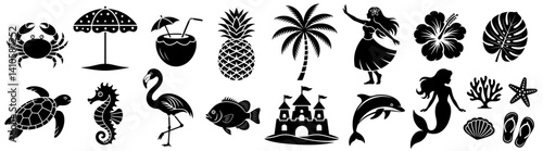 Tropical beach vacation icons and symbols, black silhouettes, summer vector set