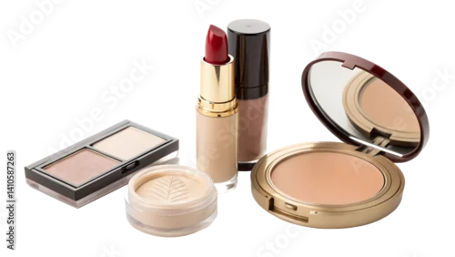 Obraz makeup products  lipstick  foundation  on white background PNG. AI GENERATED